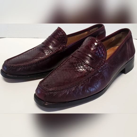 Nettleton Shoes Handcrafted Italy 6305 10M Snakeskin Fire-Red/Brown Penny Loafer - Picture 3 of 12